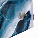 Close-up of frost patterns in muted blue tones on acrylic glass, ideal for dining room art in a mid-century modernist style.