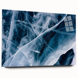 Close-up of frost patterns on acrylic glass, featuring cool blue and white tones, suitable for bedroom or dining room art.