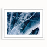 Extra large abstract art print featuring a textured frost design in cool blue and white tones, framed with a white mat.