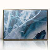 Framed acrylic print featuring a close-up of frost patterns in gold, in a mid-century modernist style.