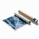 Close-up of frost patterns on ice in muted blue and white tones, extra large rolled print.