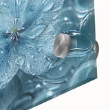 Large abstract wall art featuring a close-up of frost patterns in muted blue and white tones on acrylic glass.