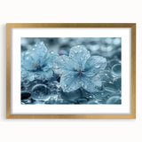 Textured art featuring abstract frost patterns in muted blue and white tones, framed in gold, ideal for bedroom wall decor.