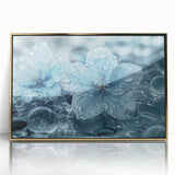 Mid-century modernist art deco poster featuring a close-up of frost patterns in muted blue tones, framed in gold acrylic.