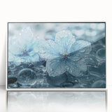 Close-up of frost patterns in muted white and gray tones on a large framed acrylic print, suitable for modern art wall decor.