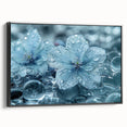 Framed canvas featuring a close-up of frost patterns in black and white, ideal for bedroom wall decor.
