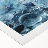 Art deco poster featuring close-up of frost patterns in muted gray tones on rolled canvas.