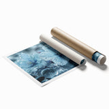 Close-up image of frost patterns on ice in muted blue and white tones, rolled print, suitable for classy bathroom wall art.