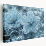 Close-up image of ice with frost patterns on a stretched canvas, featuring cool blue and white tones.