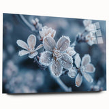 Close-up of frost pattern on acrylic glass, in muted blue and white tones, ideal for bedroom or dining room art.