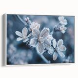 Framed canvas featuring a close-up of frost patterns in muted gray tones, ideal for bedroom wall art.