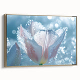 Framed canvas depicting a close-up of frost patterns in muted blue and white tones, suitable for a minimalist decor.