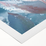 Art deco poster featuring a close-up of frost patterns in muted gray and blue tones on rolled canvas.