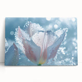 Close-up image of frost patterns on ice in black and white, printed on stretched canvas, suitable as kitchen wall art.