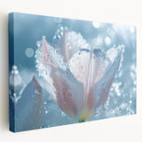 Close-up of frost patterns on ice in muted blue and white tones on a stretched canvas, suitable for kitchen wall art.