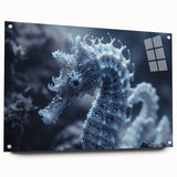 Close-up image of frost patterns in muted blue and white tones on acrylic glass, suitable for bedroom or dining room decor.