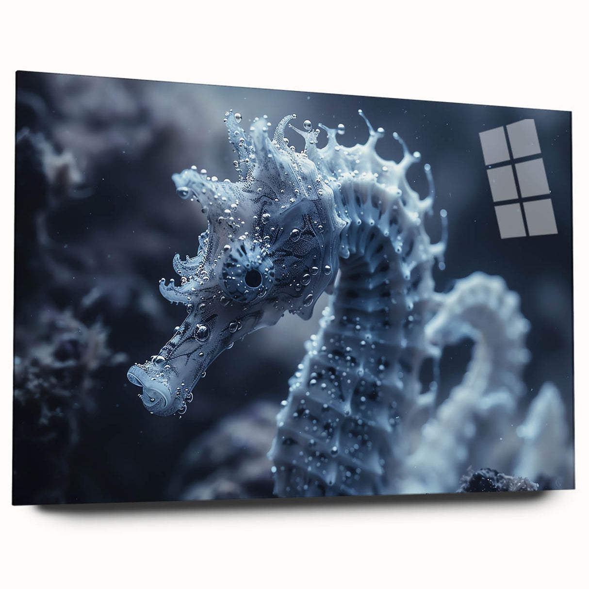 Close-up of frost patterns in cool blue and white tones on acrylic glass.