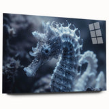 Close-up of frost patterns in cool blue and white tones on acrylic glass.