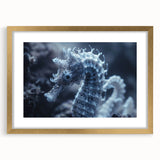 Textured art of abstract frost patterns in cool blue and white tones, framed in gold, ideal for bedroom art.