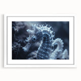 Extra large abstract art print featuring a textured frost design in cool blue and white tones, framed with a white mat.