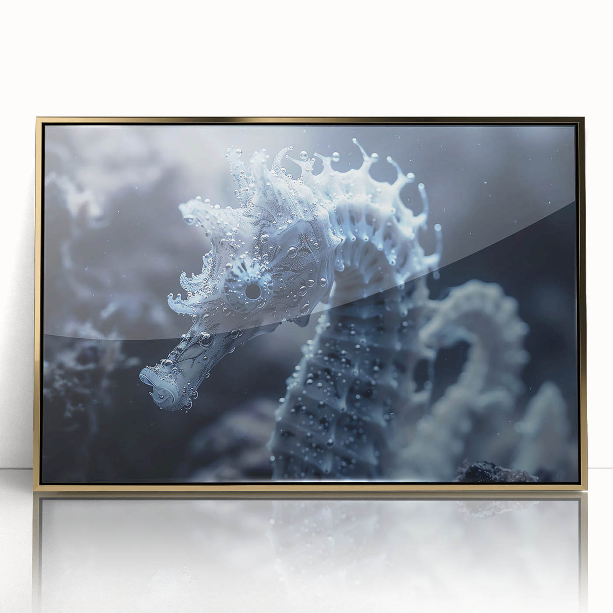 Mid-century modernist art featuring a close-up of frost patterns in muted gray and gold tones, framed acrylic.