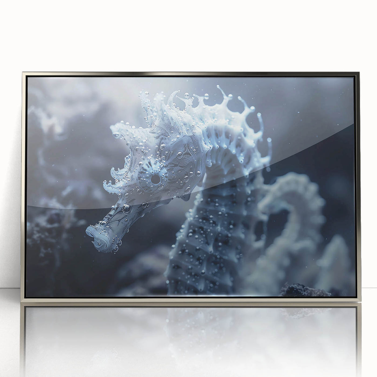 Framed acrylic print featuring a close-up of frost patterns in muted gray and blue tones, suitable for modern art wall decor.