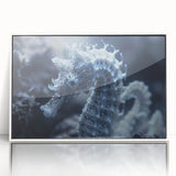 Close-up of frost patterns on ice, in muted blue and white tones on a framed acrylic, ideal for modern art wall decor.