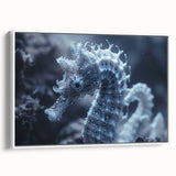 Framed canvas featuring a close-up of ice crystals in muted gray tones, ideal for bedroom wall art.
