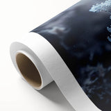 Art deco poster featuring an intricate frost design in muted blue and white tones on rolled canvas.