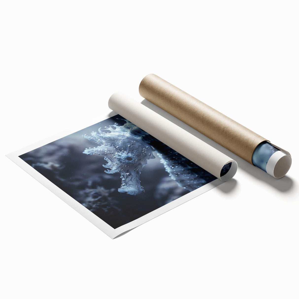 Close-up image of frost patterns on ice in muted blue and white tones, printed on rolled canvas.