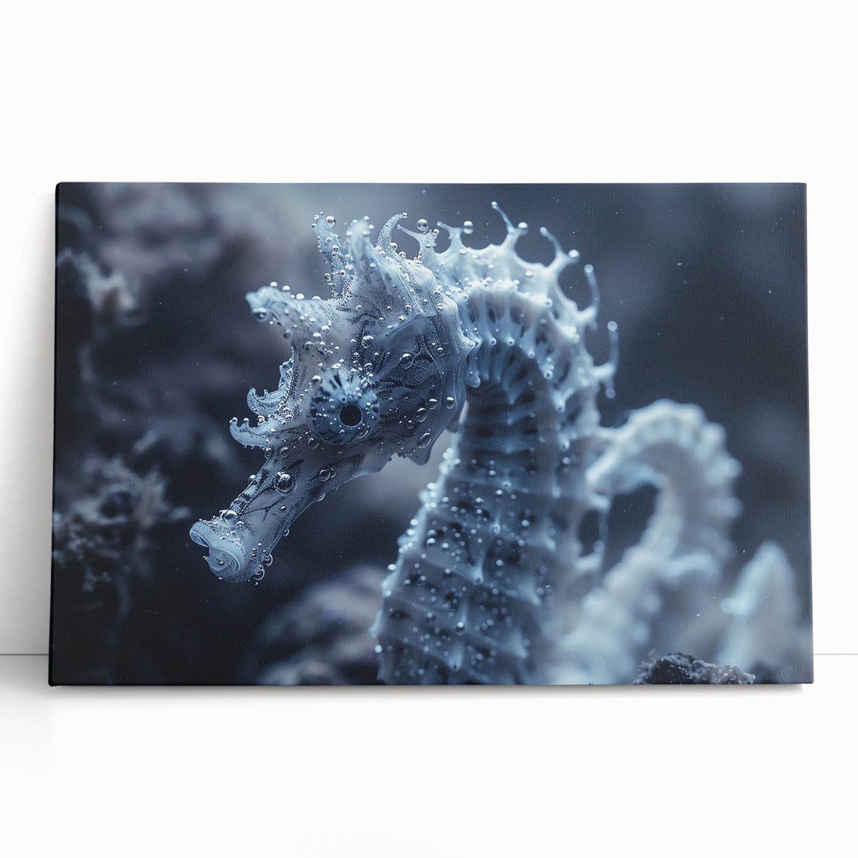 Black and white close-up photo of frost patterns on ice, printed on large stretched canvas, ideal for kitchen wall art.