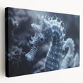 Close-up image of frost patterns on ice in muted blue and white tones on stretched canvas, suited for kitchen wall art.