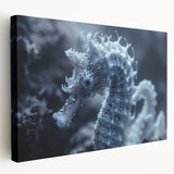 Close-up image of frost patterns on ice in muted blue and white tones on stretched canvas, suited for kitchen wall art.
