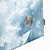 Large abstract wall art featuring frost patterns in muted white and blue tones on acrylic glass.