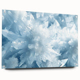 Close-up of frost pattern on acrylic glass, featuring intricate ice designs in cool blue and white.