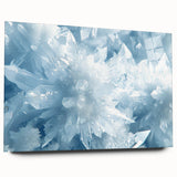 Large abstract wall art on acrylic glass depicting frost patterns in muted blue and gray tones.