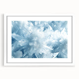 Extra large abstract art print featuring a textured frost design in cool blue and white tones on a framed canvas.