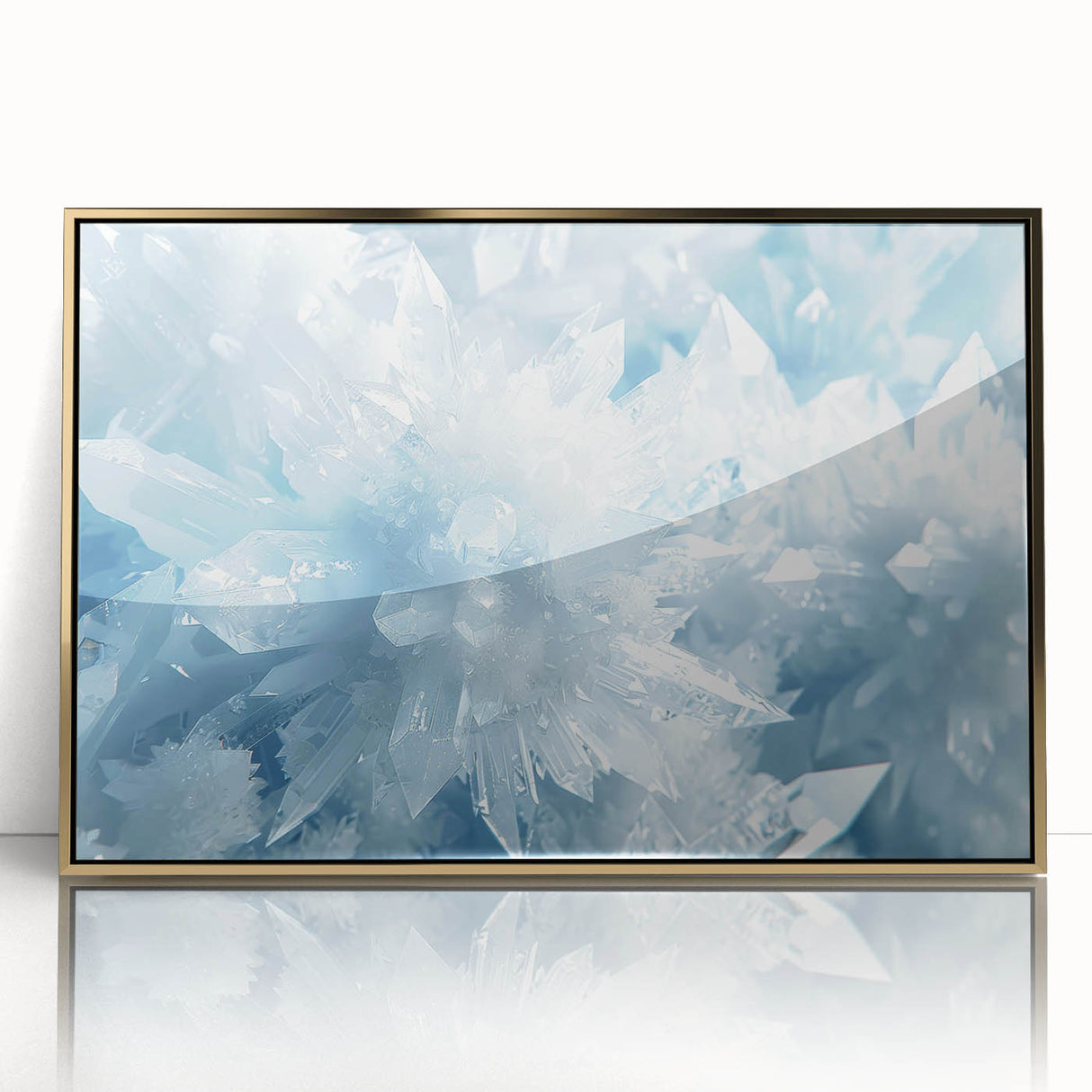 Framed acrylic print of a frost design in muted blue and gray, mid-century modernist style, ideal for modern art wall decor.