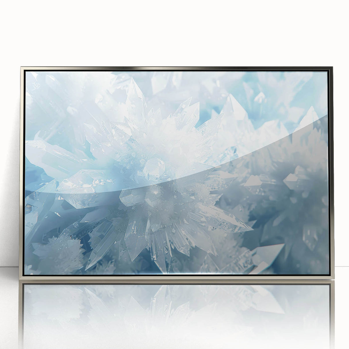 Framed acrylic print featuring a close-up of frost patterns in muted silver and gray tones.