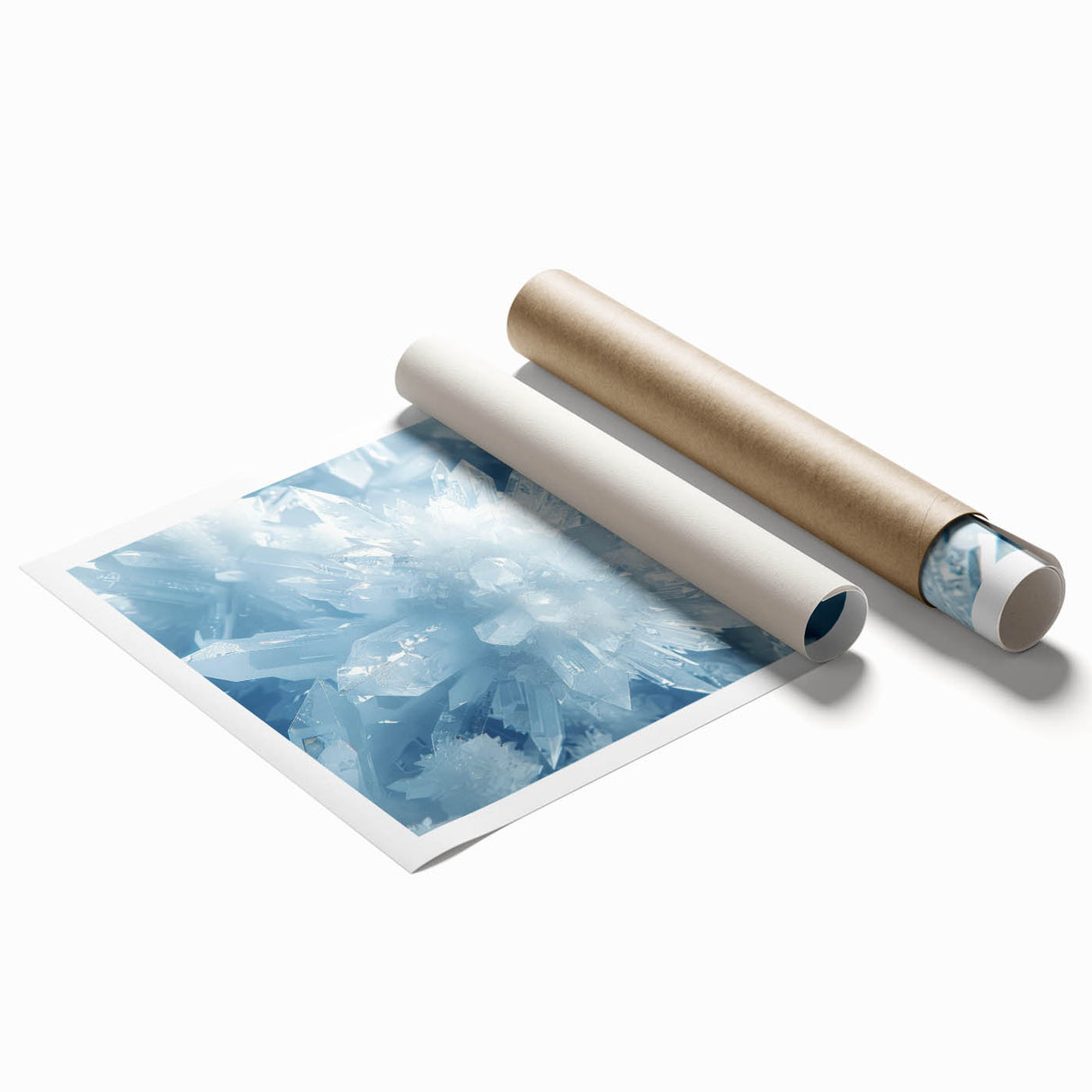 Close-up image of frost patterns on ice in muted gray and blue tones, extra large rolled print.