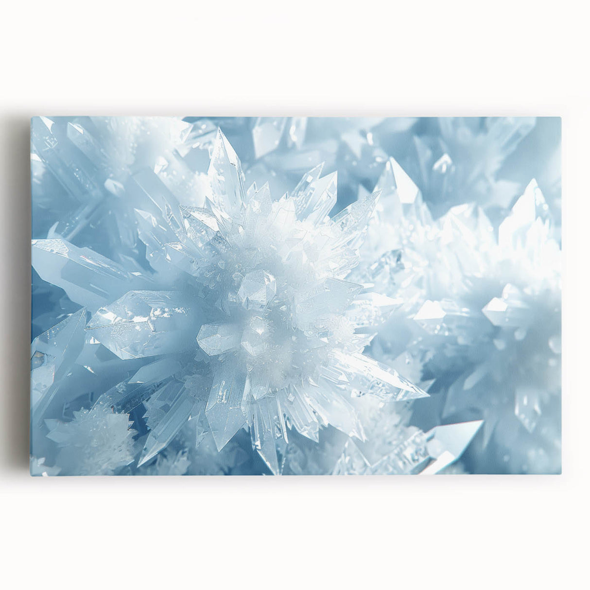 Close-up image of frost patterns in black and white on a stretched canvas, ideal for kitchen wall art.