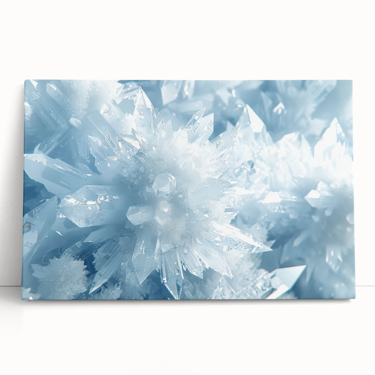 Close-up of frost patterns in black and white on stretched canvas, ideal for kitchen wall art.