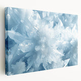 Close-up image of frost patterns in muted blue and white tones on a stretched canvas, suitable for kitchen wall art.