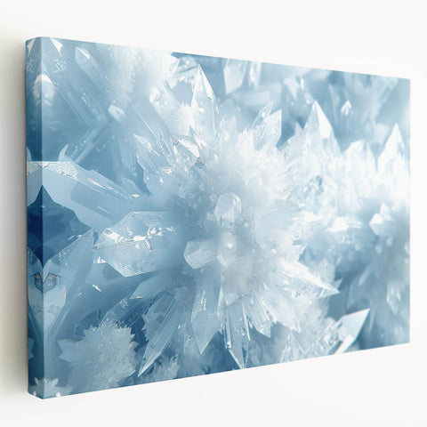Close-up image of frost patterns in muted blue and white tones on a stretched canvas, suitable for kitchen wall art.