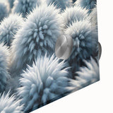 Close-up of frost patterns in muted blue and white tones on acrylic glass, suitable as large abstract dining room art.