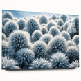 Close-up of frost patterns in muted blue and white, acrylic glass print, suitable for bedroom or dining room decor.