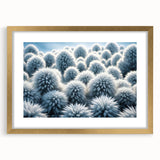 Abstract textured art print of frost patterns in muted gray and blue tones, framed in gold, ideal for bedroom ambiance.