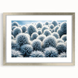 Abstract art print of frost patterns in muted gray and white tones, framed with a silver mat, ideal for dining room decor.