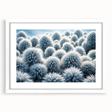 Extra large abstract art print featuring a frost-like textured design in muted white and gray tones, framed with a white mat.