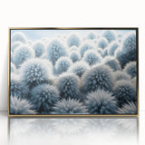 Mid-century modernist art of frost patterns in muted gray, acrylic print in gold frame, suitable for nursery wall decor.